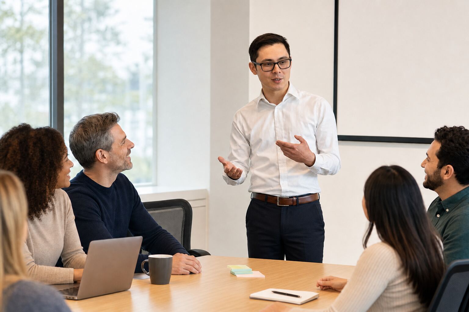 Illustration of professionals in active discussion with an instructor during a hands-on, small-group AI training session